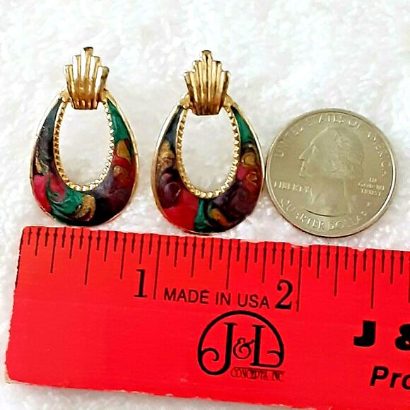 💫 Vintage Teardrop Swirl Earrings 💜 Gold Tone Multicolor Retro Hoop - Picture 8 of 12